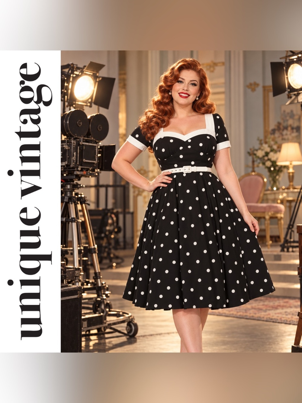 Unique Vintage 1950s Black & White Polkadot Belted Swing Dress, Large, NWT!